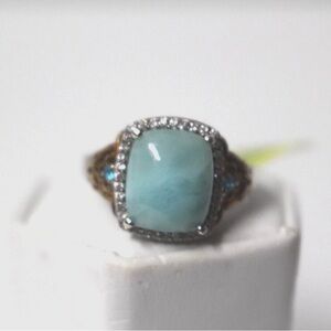 Sea Mist Larimar, Malgache Neon Apatite, Zircon Ring Size 8 14K YG Plat/SS  New